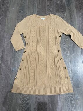New York & Company Camel Cable-Knit Button Side Midi Dress